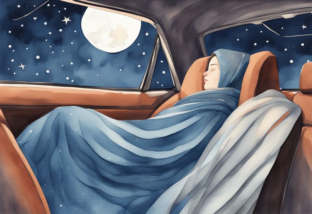 Ilustración moderna en acuarela de una persona durmiendo cómodamente en el asiento trasero de un coche, con una almohada cervical y una manta, bajo un cielo estrellado.