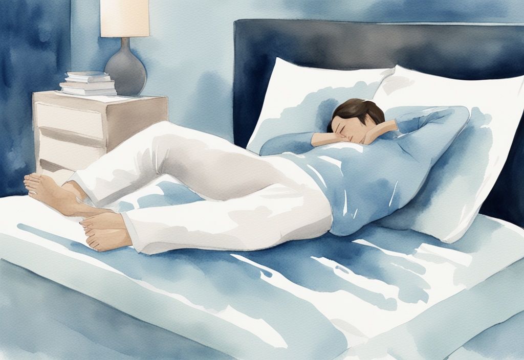 Ilustración moderna en acuarela de una persona acostada cómodamente en una cama con una almohada para aliviar el dolor de espalda baja, tema de color azul.