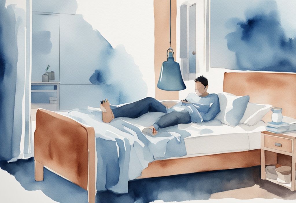 Ilustración moderna en acuarela de una persona descansando en su cama con una botella de Rivotril y un vaso de agua en la mesita de noche, en tonos azules.