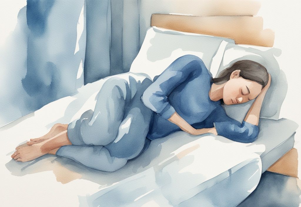 Ilustración moderna en acuarela de una persona durmiendo de lado con una almohada entre las rodillas para aliviar la bursitis de cadera, color azul predominante.