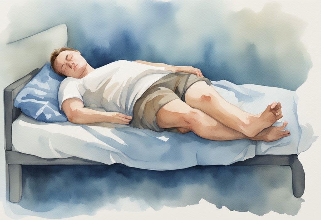 Ilustración moderna en acuarela de una persona durmiendo cómodamente con una férula en la pierna para el tratamiento de tendinitis pata de ganso, cómo dormir con tendinitis pata de ganso.