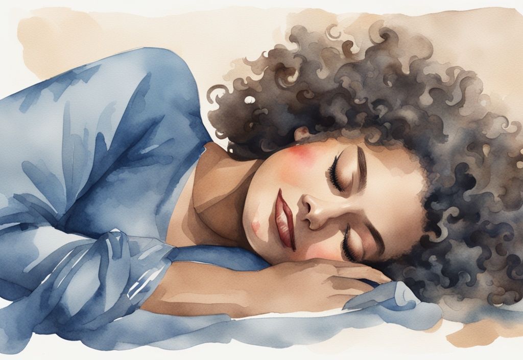 Ilustración moderna en acuarela de una mujer con cabello rizado durmiendo felizmente, con el cabello asegurado en un pañuelo de seda o gorro, y una funda de almohada de satén en el fondo, en tonos azules.