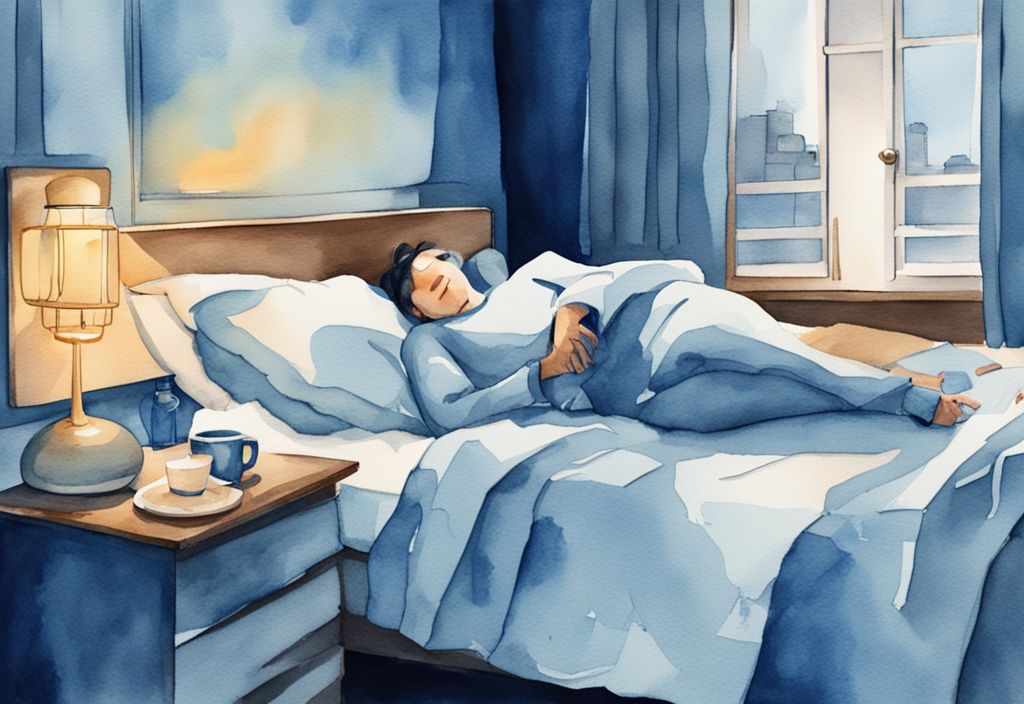 Ilustración moderna en acuarela de una persona acostada cómodamente en la cama con un vaso de leche caliente en la mesita de noche y un reloj mostrando una hora tardía, simbolizando cómo quitar el efecto de la cafeína para poder dormir.