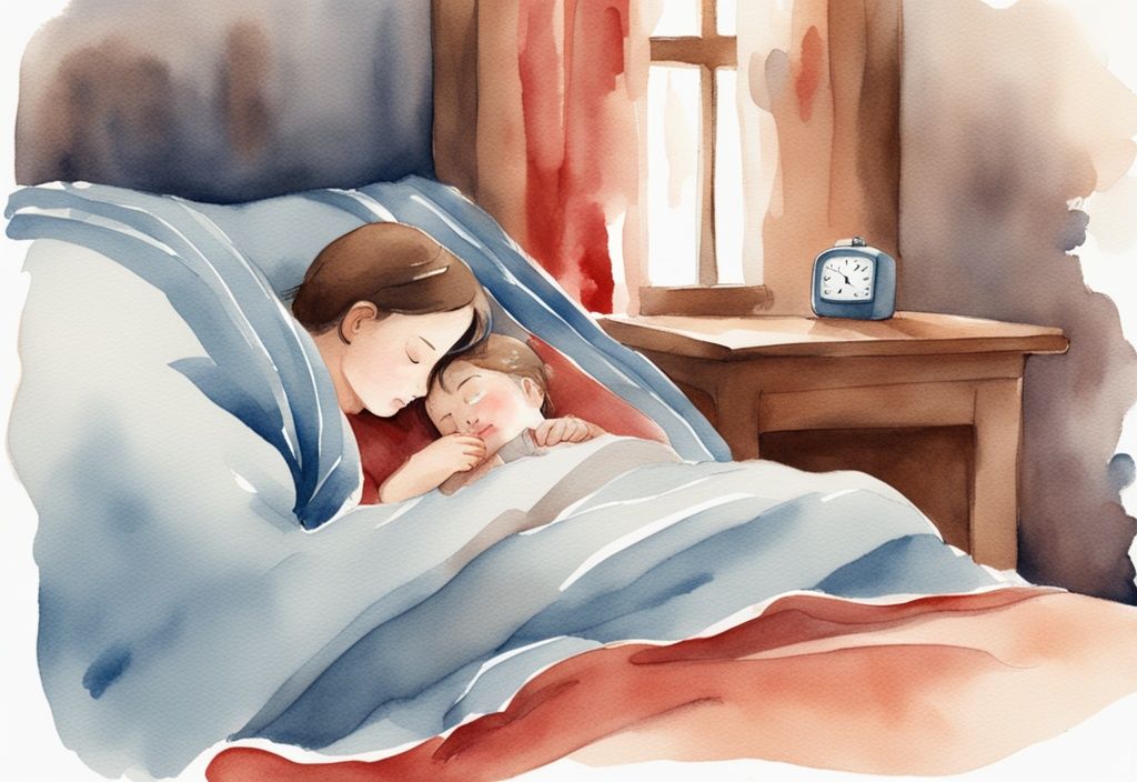 Ilustración moderna en acuarela de un niño con mejillas sonrojadas durmiendo bajo una manta, mientras un padre preocupado lo observa con un termómetro en la mano.