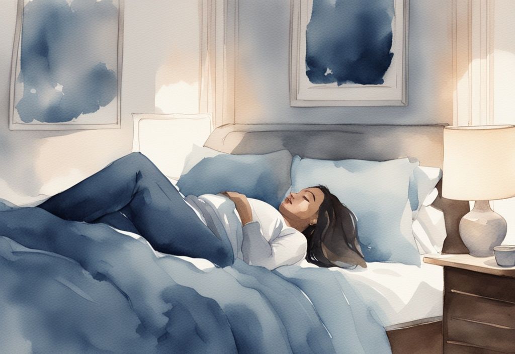 Ilustración moderna en acuarela con tema azul de una persona relajada acostada boca arriba en una cama cómoda, con almohadas mullidas apoyando su cuello y rodillas, en un dormitorio sereno y tenuemente iluminado; cómo dormir boca arriba.