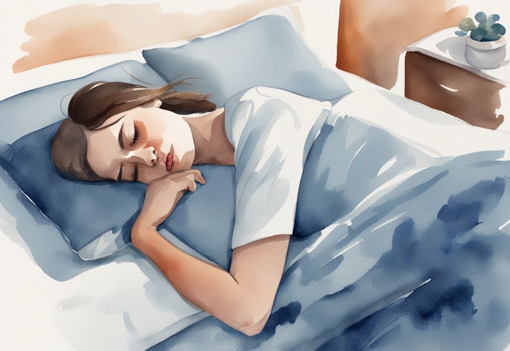 Ilustración moderna en acuarela de una mujer durmiendo de lado en una cama con una almohada especializada para el cuello, en tonos azules.