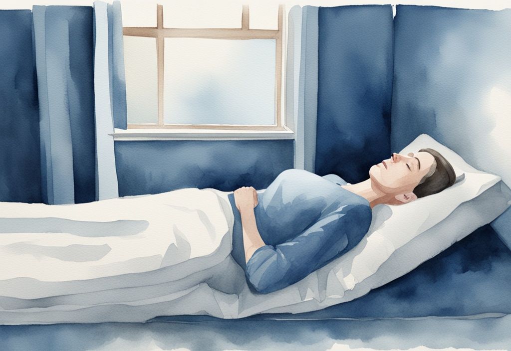 Ilustración moderna en acuarela de una persona descansando de lado en una habitación tenue, utilizando almohadas cervicales especiales para apoyar el cuello y reducir la presión sobre los nervios occipitales, en tonos azules.