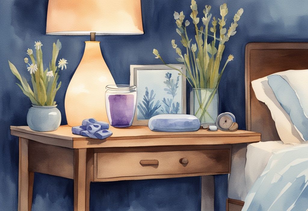 Ilustración moderna en acuarela con tema azul mostrando una variedad de ayudas naturales para dormir como té de manzanilla, lavanda y pastillas para dormir naturales que funcionen, dispuestas en una mesita de noche de madera junto a una cama bajo la suave luz de una lámpara.