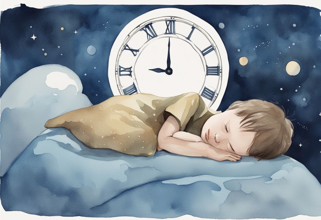 Ilustración moderna en acuarela de un niño durmiendo serenamente con un gran reloj lunar indicando diferentes fases de las horas de sueño.