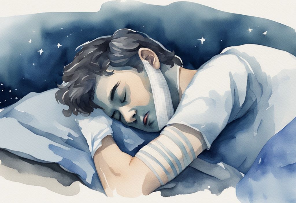 Ilustración moderna en acuarela de un individuo durmiendo de lado con un port-a-cath vendado en el pecho, iluminación nocturna suave, tema de color azul.