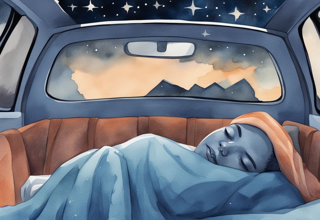 Ilustración moderna en acuarela de una persona durmiendo cómodamente en el asiento trasero de un coche bajo un cielo estrellado, con almohada para el cuello y manta, con temática de color azul.