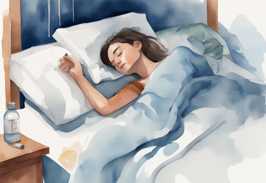 Ilustración moderna en acuarela de una joven durmiendo con un humidificador y jarabe para la tos en la mesa de noche, cómo dormir con tos.