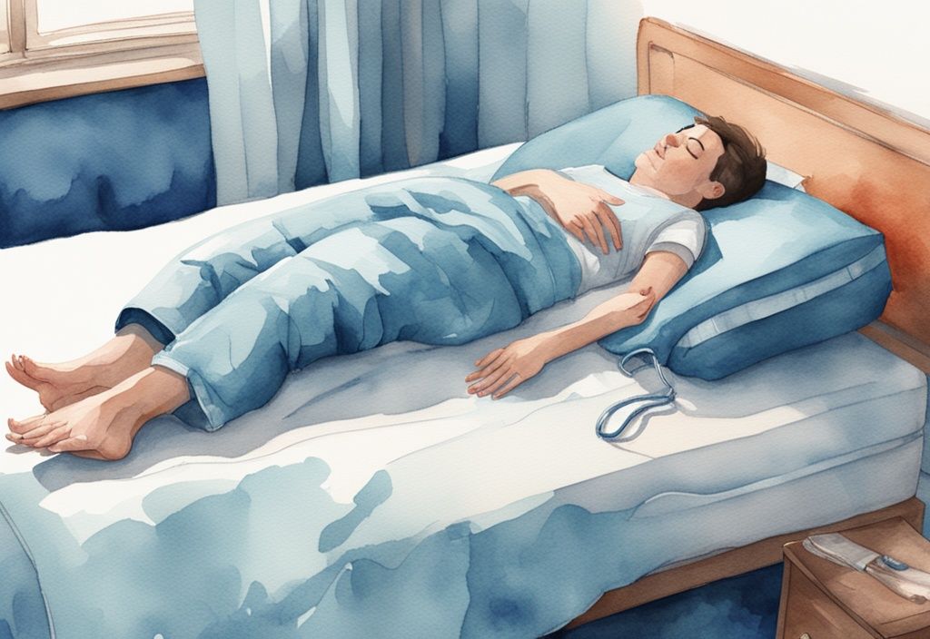 Ilustración moderna en acuarela azul de una persona con una bolsa de nefrostomía durmiendo cómodamente de lado con una almohada de cuerpo para apoyo, cómo dormir con una nefrostomía.