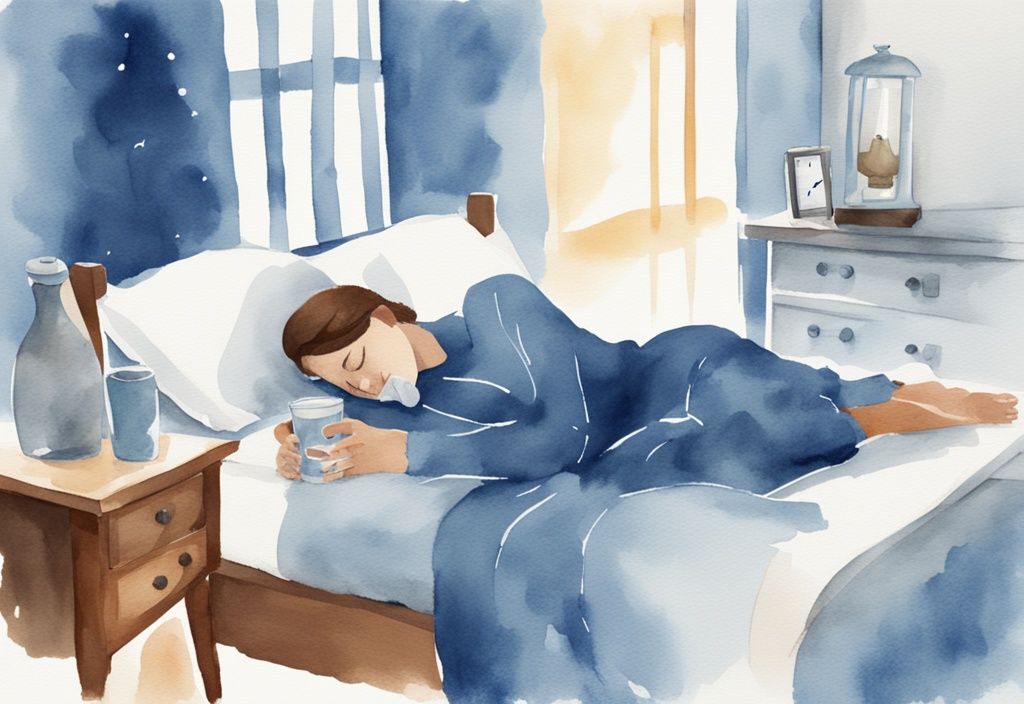 Ilustración moderna en acuarela de una persona en la cama con un vaso de leche caliente en la mesita de noche y un reloj marcando una hora tardía, simbolizando cómo quitar el efecto de la cafeína para poder dormir.