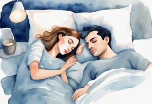 Ilustración moderna en acuarela de una pareja en la cama, el hombre ronca ligeramente y la mujer duerme pacíficamente con tapones para los oídos y antifaz, cómo dormir con alguien que ronca.