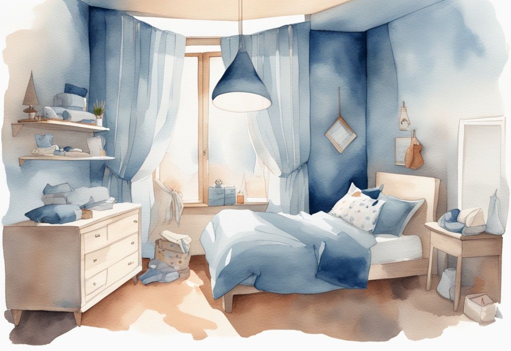 Ilustración moderna en acuarela de un dormitorio sereno con un bebé vestido con ropa abrigada, mostrando diferentes rangos de temperatura, en tonos azules.