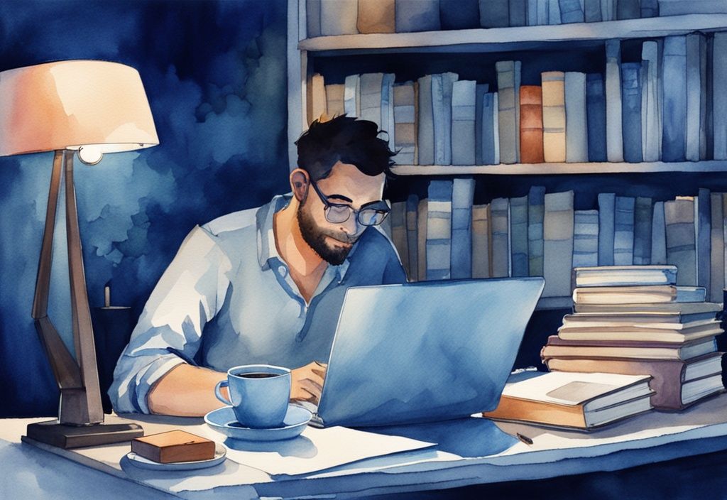 Ilustración moderna en acuarela de un hombre trabajando de noche en su escritorio, rodeado de tazas de café, una lámpara de escritorio brillante, libros estimulantes y un portátil abierto.