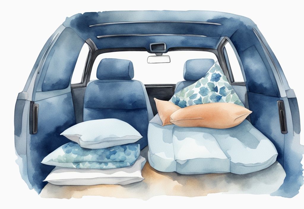 Ilustración moderna en acuarela de cómo dormir en el coche, con temática azul, mostrando el asiento trasero de un coche con almohadas de viaje, mantas y una persona durmiendo cómodamente.