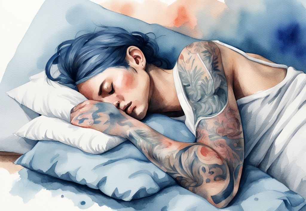 Ilustración moderna en acuarela de una persona durmiendo de lado, evitando presión sobre un tatuaje recién hecho, con un vendaje limpio y transpirable y una barrera de almohada para seguridad, mostrando cómo cuidar un tatuaje recién hecho para dormir.