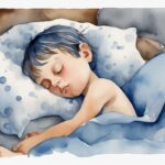 Ilustración moderna en acuarela con un niño durmiendo pacíficamente, con sudor en la frente y sábanas húmedas alrededor, mostrando por qué un niño suda mucho la cabeza al dormir.