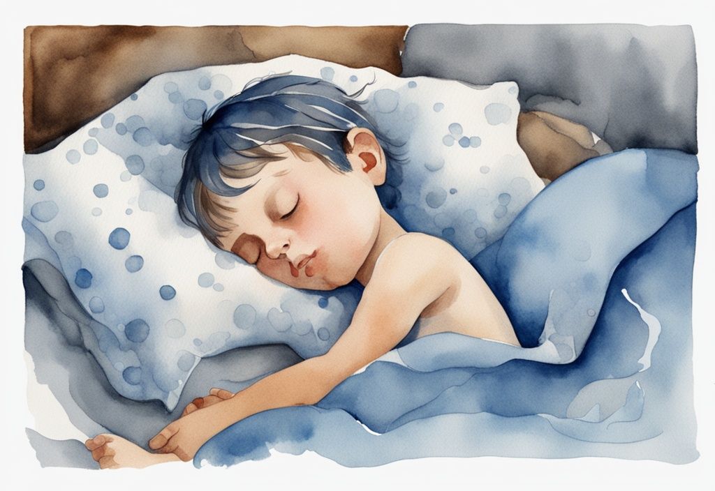 Ilustración moderna en acuarela con un niño durmiendo pacíficamente, con sudor en la frente y sábanas húmedas alrededor, mostrando por qué un niño suda mucho la cabeza al dormir.