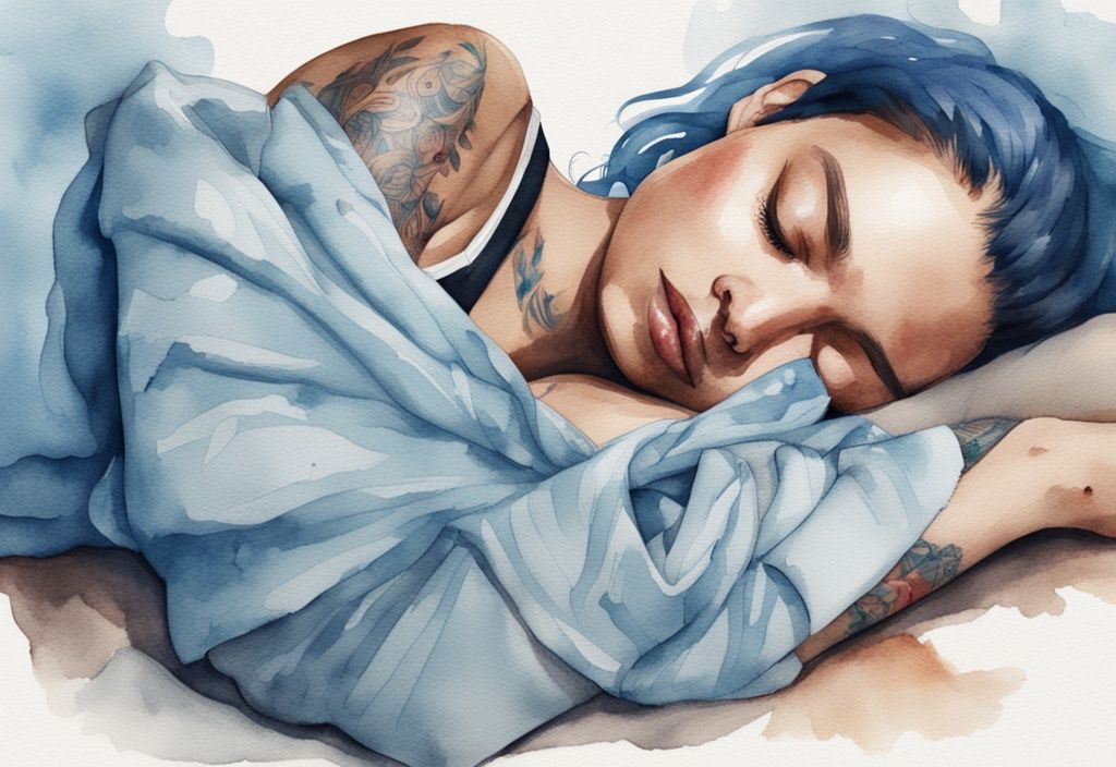 Ilustración moderna en acuarela de una persona durmiendo de lado con un tatuaje reciente cubierto por un vendaje limpio en el brazo.