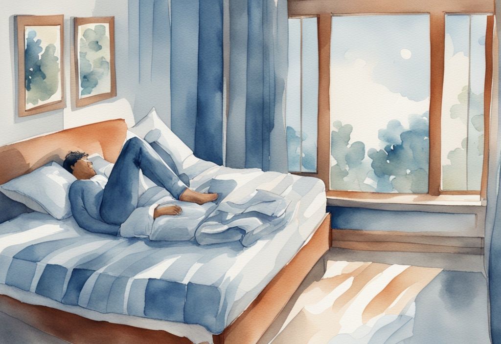 Ilustración acuarela moderna de una persona durmiendo de qué lado dormir en pijama, habitación bien iluminada y cómoda.