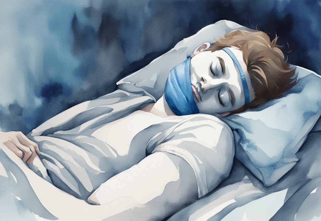 Ilustración moderna en acuarela de una persona durmiendo de lado con un port-a-cath vendado en el pecho y suave iluminación nocturna, tema principal azul