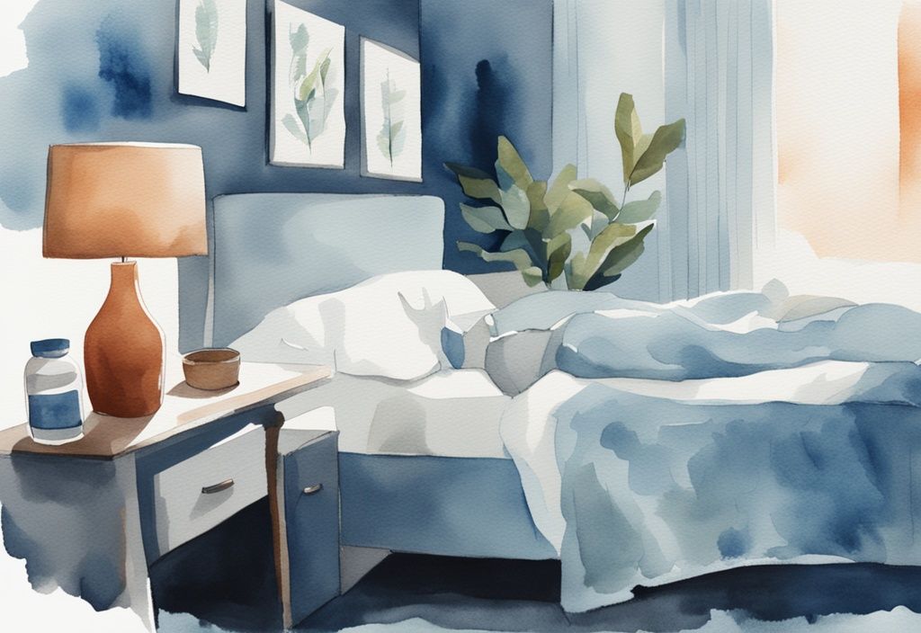 Ilustración moderna en acuarela de un dormitorio sereno con tema azul, cápsulas de ashwagandha en la mesita de noche y una persona durmiendo pacíficamente.