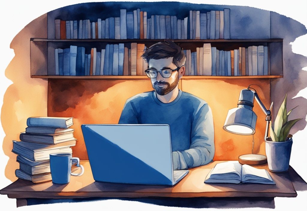 Ilustración moderna en acuarela de un hombre trabajando de noche en su escritorio, rodeado de tazas de café, una lámpara de escritorio brillante, libros estimulantes y un portátil abierto, indicando actividades para evitar el sueño.