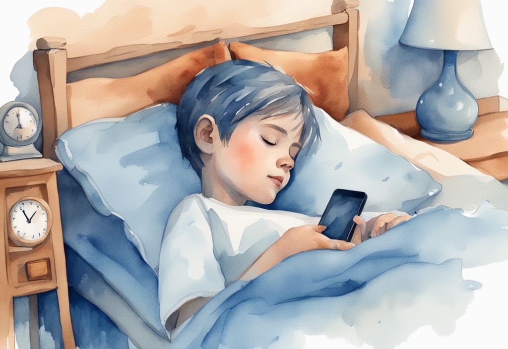 Ilustración moderna en acuarela de un niño de 12 años durmiendo plácidamente con un reloj digital mostrando un lapso de 9 horas, destacando el tema "cuántas horas tiene que dormir un niño de 12 años".