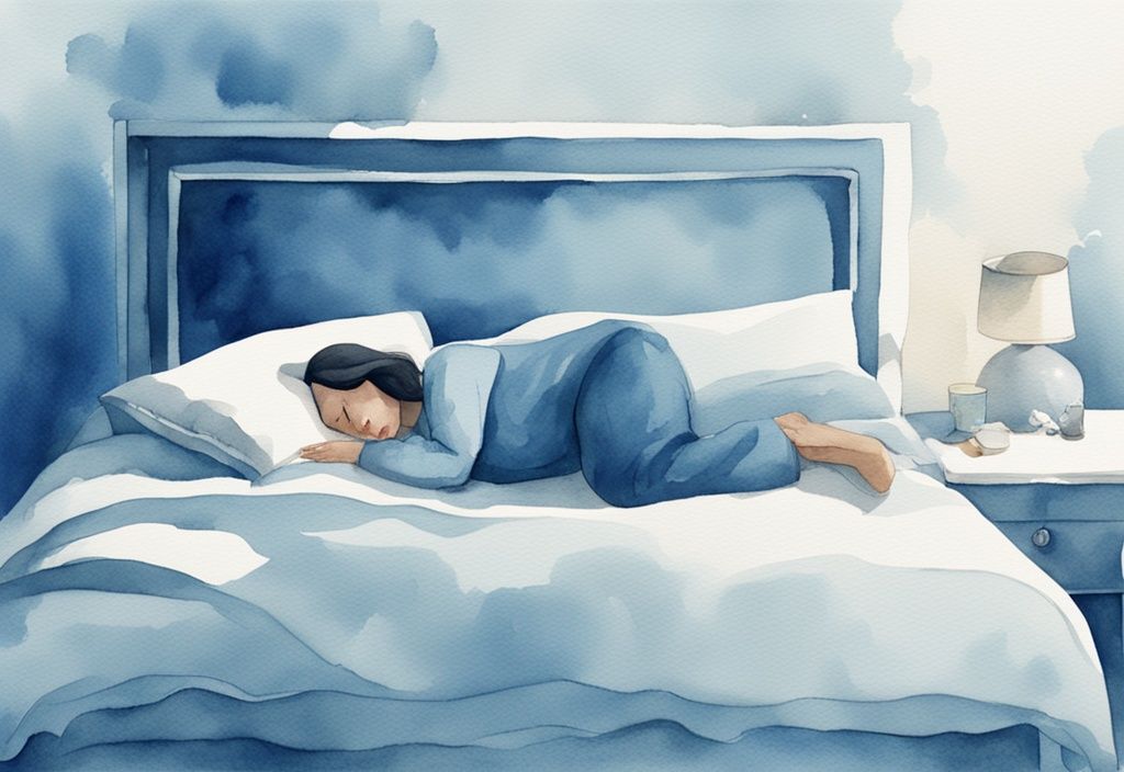 Ilustración moderna en acuarela de una persona en la cama, moviéndose bruscamente mientras duerme, con un tema de color azul.