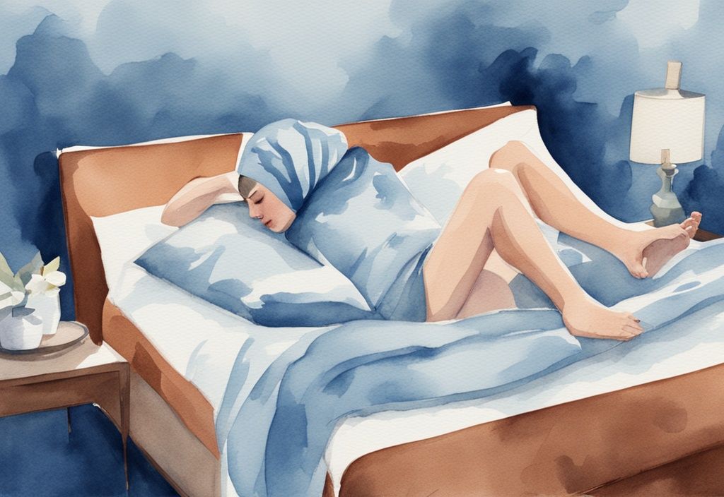 Ilustración moderna en acuarela de una persona durmiendo plácidamente con almohadas elevadas y gorro de satén, mostrando cómo dormir después de un injerto capilar.