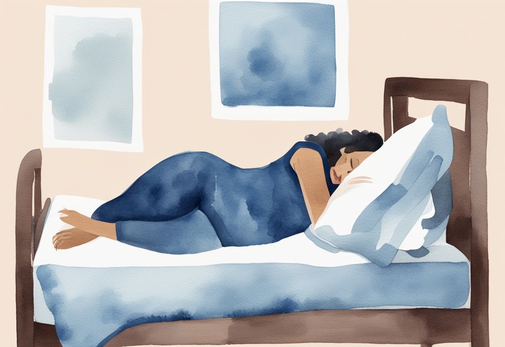 Ilustración moderna en acuarela de una persona durmiendo de lado con almohadas de apoyo para aliviar síntomas de cervicobraquialgia, tema principal azul.