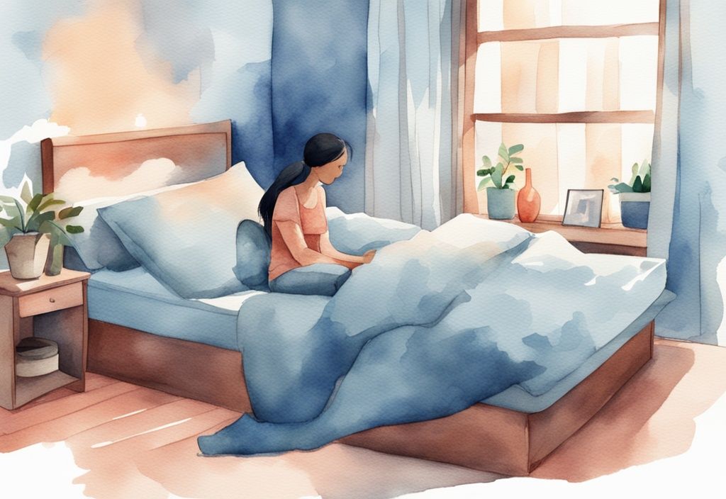 Ilustración moderna en acuarela de un dormitorio acogedor con una persona en la cama haciendo yoga para aliviar la indigestión.