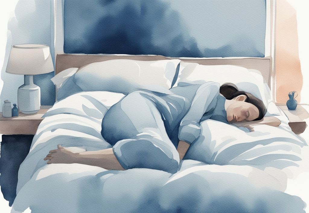 Ilustración moderna en acuarela de una figura durmiendo de lado con una almohada cervical en un dormitorio tranquilo, tema azul.