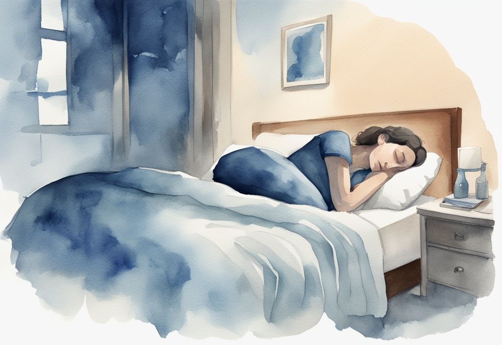 Ilustración moderna en acuarela de una persona durmiendo pacíficamente en una habitación tenue, con almohadas especializadas alrededor del cuello para aliviar la neuralgia occipital, mostrando cómo dormir con neuralgia occipital.