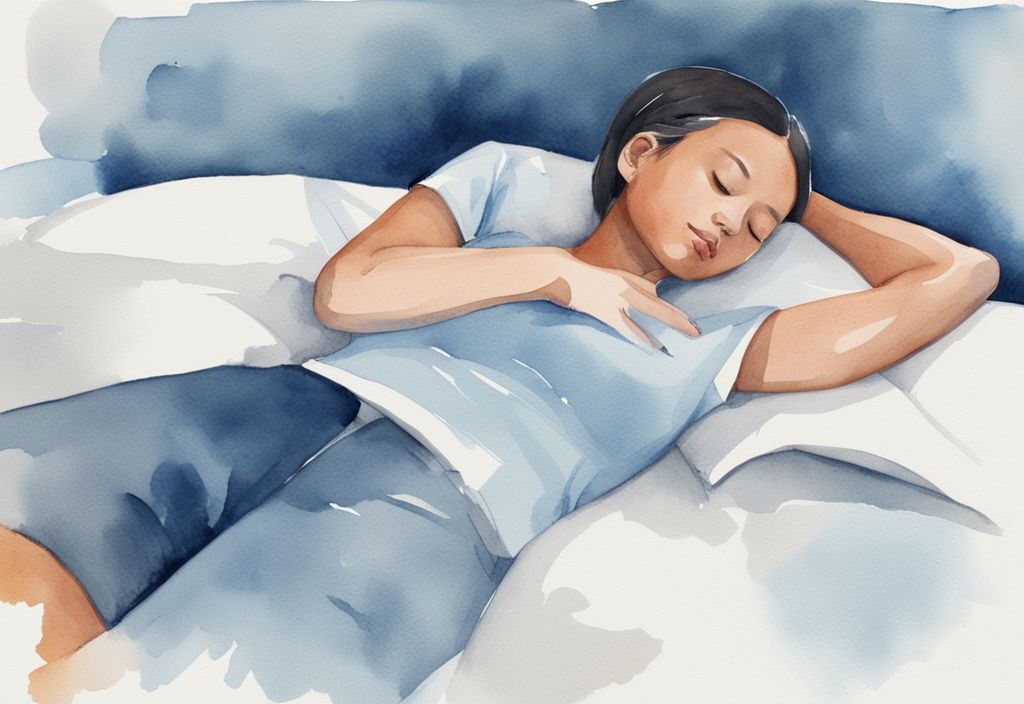 Ilustración moderna en acuarela de una persona durmiendo tranquilamente de espaldas con almohada de apoyo bajo el cuello y las rodillas, en tonos azules.