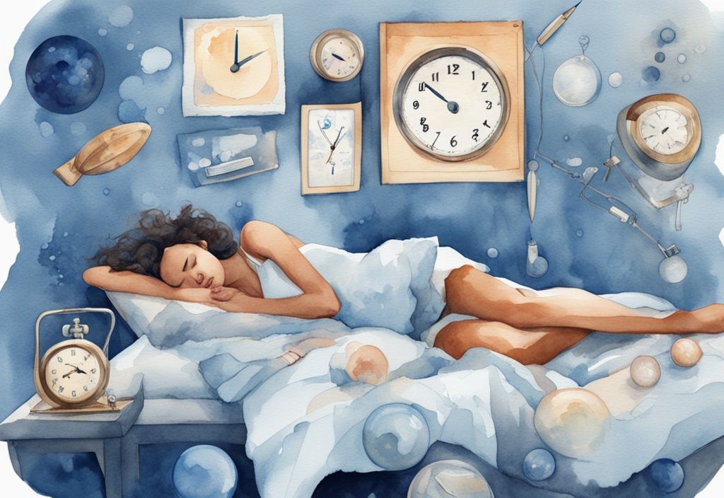 Ilustración de acuarela moderna en tonos azules de una mujer relajada durmiendo en una cama, rodeada de imágenes simbólicas como un termómetro, reloj y burbujas de sueño, sugiriendo 13 razones por las que una mujer debe dormir sin ropa.