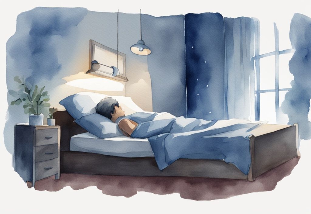 Ilustración moderna en acuarela de una persona durmiendo pacíficamente en una habitación tenue, con almohadas especializadas alrededor del cuello para aliviar la neuralgia occipital, mostrando cómo dormir con neuralgia occipital.