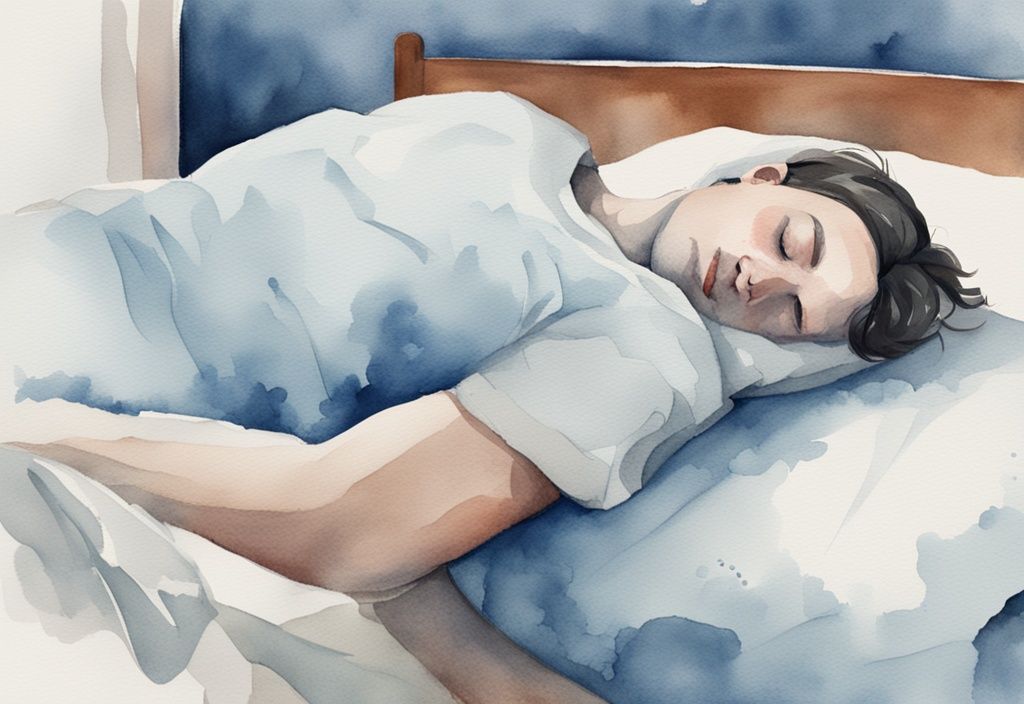 Ilustración moderna en acuarela de una persona durmiendo cómodamente en la cama con un port-a-cath en el pecho, cubierto con una almohadilla suave; cómo dormir con un port-a-cath.