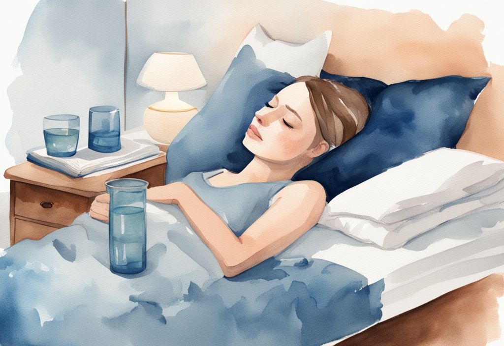 Ilustración moderna en acuarela de una mujer durmiendo cómodamente en la cama, con un vaso de agua y un libro sobre cómo dormir con cistitis en la mesita de noche.