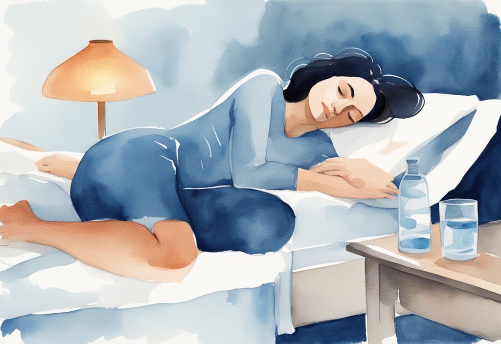 Ilustración moderna en acuarela de una mujer durmiendo cómodamente, con el tema principal en azul, mostrando métodos para aliviar los síntomas de la cistitis durante el sueño, como elevar las piernas y un vaso de agua en la mesita de noche.