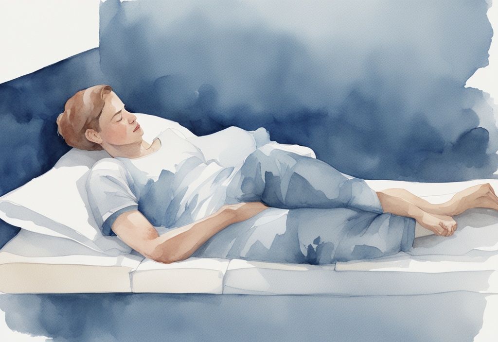 Ilustración moderna en acuarela de una persona durmiendo de lado con una almohada entre las rodillas, ideal para la meralgia parestésica, colores predominantes azules.