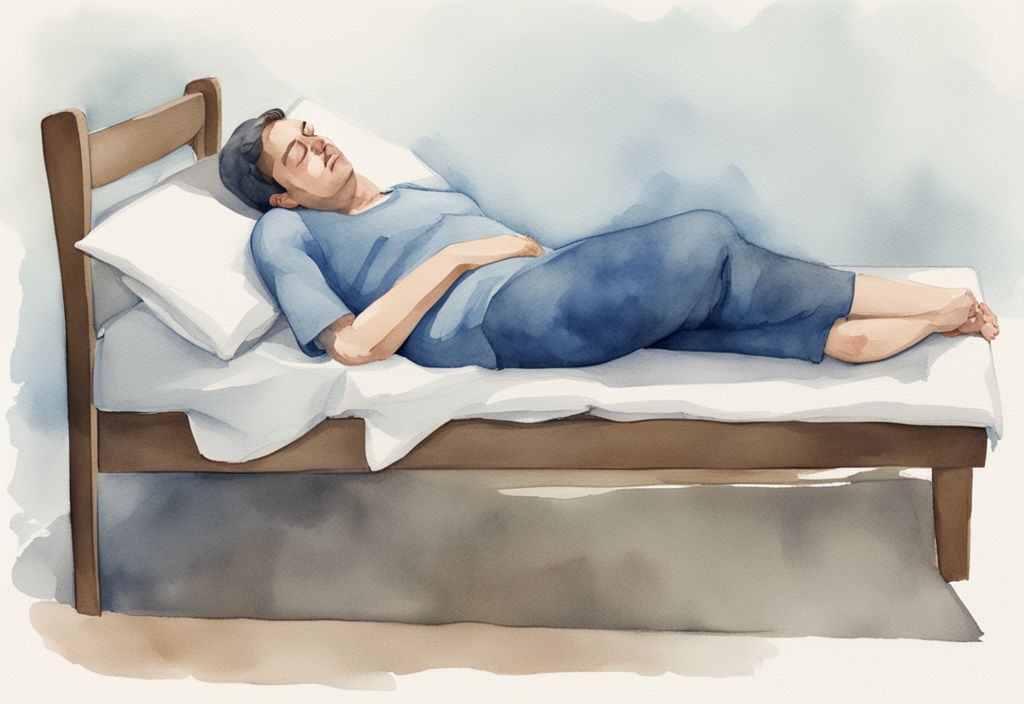 Ilustración moderna en acuarela de color azul con una persona durmiendo cómodamente y usando una férula en la pierna para tratar la tendinitis pata de ganso, mostrando cómo dormir con tendinitis pata de ganso.