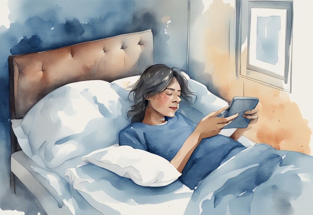 Ilustración moderna en acuarela de una persona angustiada en la cama ajustando una almohada y usando un smartphone para buscar soluciones sobre cómo quitar el dolor de cuello por dormir mal.