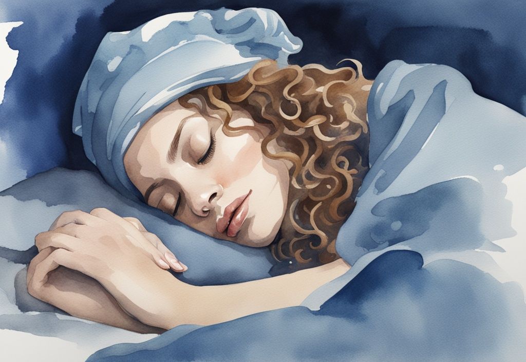 Ilustración moderna en acuarela de una mujer con el pelo rizado durmiendo pacíficamente, con un gorro de satén para proteger su cabello, cómo dormir con el pelo rizado.