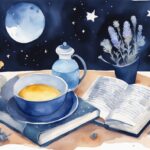 Ilustración moderna en acuarela con tema azul mostrando remedios naturales para dormir como té de manzanilla, aceite esencial de lavanda, un libro y una habitación oscura decorada con luna y estrellas, ideal para quienes buscan qué tomar para dormir natural.