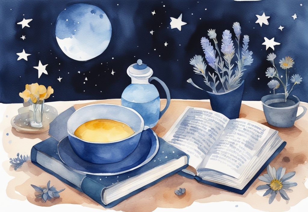 Ilustración moderna en acuarela con tema azul mostrando remedios naturales para dormir como té de manzanilla, aceite esencial de lavanda, un libro y una habitación oscura decorada con luna y estrellas, ideal para quienes buscan qué tomar para dormir natural.