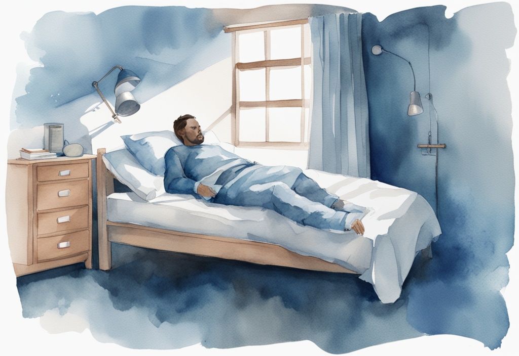 Ilustración moderna en acuarela de un individuo durmiendo cómodamente de lado con una bolsa de nefrostomía asegurada en la cama, tema principal azul.